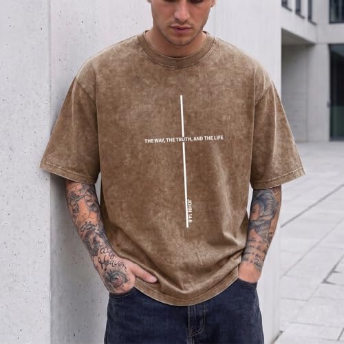 Wrenpies Christian Jesus Shirts for Men God Faith Religious Tshirt Cross Bible Verse Tops Acid Wash Oversized Graphic Tees - color: Coffee, size: Large