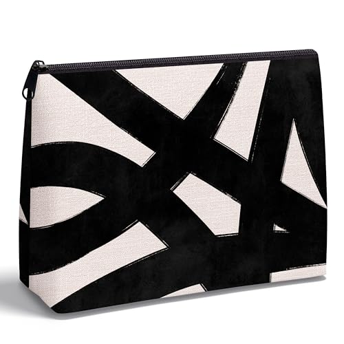 Black and White Abstract Zipper Makeup Bag for Women - color: Black and White