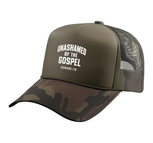 Unashamed of the Gospel, Christian Teen Romans 1:16 Trucker Hat with Adjustable Mesh Back - color: Camo Green