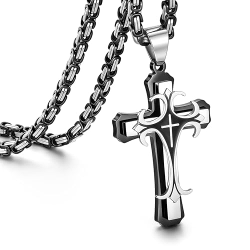 MEALGUET Stainless Steel Crucifix Cross Pendant Necklace,Men's Cross Necklace with Chunky Byzantine Chain/Rolo Chain, Gift for Men - style: Black-byzantine chain