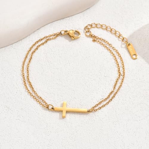 18K Gold Plated Pearl Beaded Cross Bracelets for Women Adjustable - color: Double O Cross-Gold