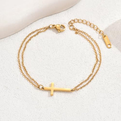 18K Gold Plated Pearl Beaded Cross Bracelets for Women Adjustable - color: Double O Cross-Gold