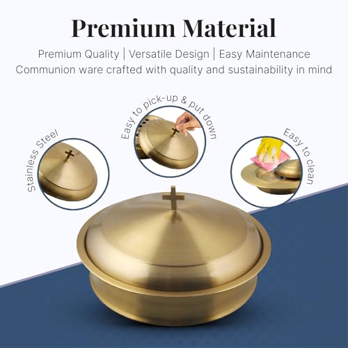 Communion Ware Holy Wine Serving Tray with A Lid & A Stacking Bread Plate with A Lid - Stainless Steel (Brass/Gold) - color: Brass/Gold