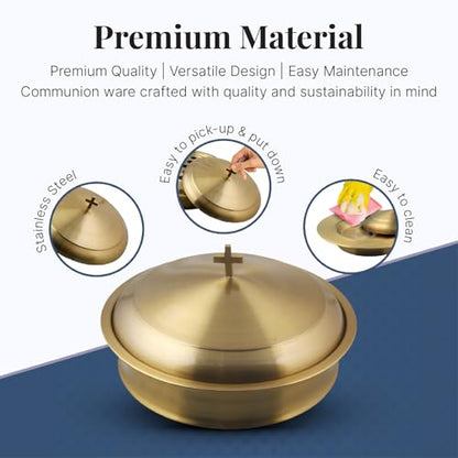 Communion Ware Holy Wine Serving Tray with A Lid & A Stacking Bread Plate with A Lid - Stainless Steel (Brass/Gold) - color: Brass/Gold