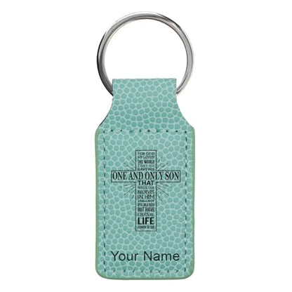 LaserGram Rectangle Keychain, Bible Verse John 3-16, Personalized Engraving Included - color: Basketball Teal