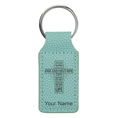 LaserGram Rectangle Keychain, Bible Verse John 3-16, Personalized Engraving Included - color: Basketball Teal