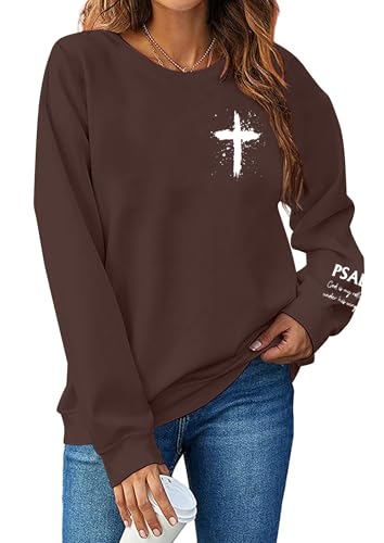 MOUSYA Women Christian Sweatshirt Psalms 91 Sleeve Print Sweatshirt Bible Verse Pullover - color: Brown, size: Large