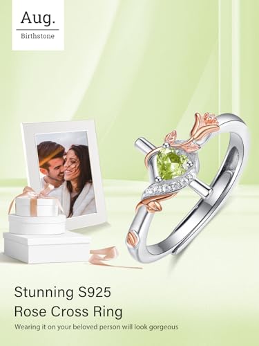 Birthday Gifts Birthstone Rings for Women 925 Sterling Silver Birthstone Rings Anchor/Tree of Life/Snake/Rose Cross Faith Religous Jewelry Gift for Wife Mom Grandma - color: 08-Peridot (C), style: Rose Cross