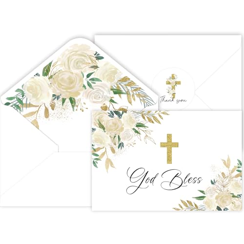 48 Pack Baptism Thank You Cards with Envelopes, Watercolor Floral Cross Christian Thank You Cards for Wedding Communion Baby Shower - style: 48 Pcs - Golden Cross