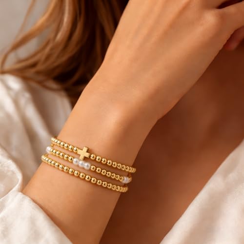 Gold Bracelets for Women Jewelry - Easter Basket Stuffers, Cross/Pearl/Beaded Bracelets Set, Dainty 14K Gold Plated Beaded Bracelets Stack, Birthday Easter Gifts for Women - color: 1Cross+1Bead+1Pearl