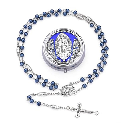 Guadalupe Rosary Beads for Women with Metal Box and 18pcs Holy - color: -Blue