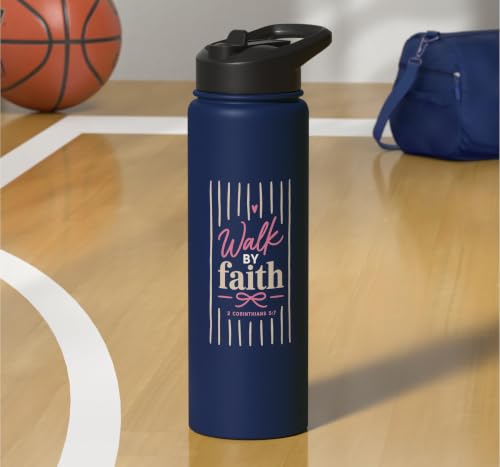 Christian Faith Scripture Verse Walk by Faith Pink Bow Stainless Steel Insulated Water Bottle - color: Navy Blue