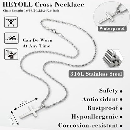 Cross Necklace for Boys Mens Stainless Steel Twisted Rope Chain Cross Pendant Rustproof Necklace for Teen Boy Mens Christian First Communion Confirmation Gifts for Boys - color: Silver