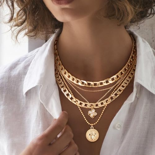 MJartoria Layered Necklaces for Women Trendy Retro Coin Pendant - color: Golden, style: A-Z-Rotatable Clover+Rhinestone-5 in 1 Layered