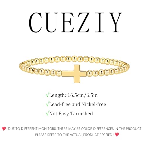 Gold Bracelets for Women 14K Gold Plated Bead Bracelet Hypoallergenic Stretch Bracelets for Women Elastic Bracelet Trendy Teen Gift Dainty Jewelry for Women - style: Cross