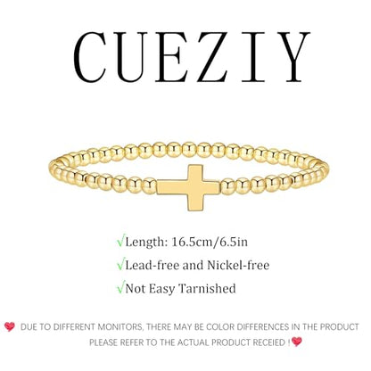 Gold Bracelets for Women 14K Gold Plated Bead Bracelet Hypoallergenic Stretch Bracelets for Women Elastic Bracelet Trendy Teen Gift Dainty Jewelry for Women - style: Cross