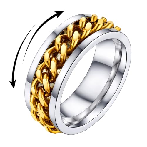 U7 Stainless Steel Mens Rings,7mm Gold/Black/Silver Chain Rings Fidget Spinner Ring Anxiety Ring for Men Women,Size 6-14 - color: Inlaid Link Ring-Gold