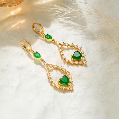 18K Gold Plated, Dangle Earrings for Women, Flower/Heart Drop earrings, Hypoallergenic Cubic Zirconia Earrings, Lightweight, Party, gold earrings, Jewelry for Gifts, Fashion - style: 7508-Green