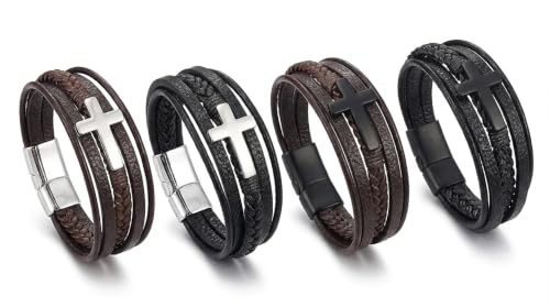 Stainless Steel Braided Leather Bracelet for Men Cuff Bangle Cross - color: 4 Colors