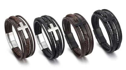 Stainless Steel Braided Leather Bracelet for Men Cuff Bangle Cross - color: 4 Colors