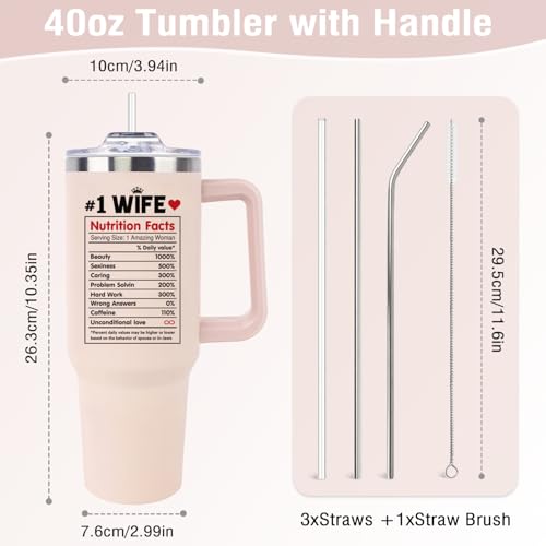 Mothers Day Gifts for Wife from Husband, Wedding Anniversary for Women Her, Wifey Birthday Gift On Christmas, Valentines Day - 40Oz Tumbler Cup With Handle And Straw - Wives Romantic Coffee Mug - color: Wife Pink