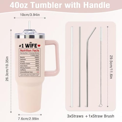 Mothers Day Gifts for Wife from Husband, Wedding Anniversary for Women Her, Wifey Birthday Gift On Christmas, Valentines Day - 40Oz Tumbler Cup With Handle And Straw - Wives Romantic Coffee Mug - color: Wife Pink