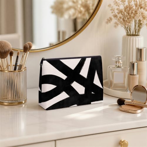 Black and White Abstract Zipper Makeup Bag for Women - color: Black and White