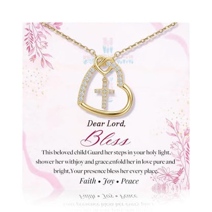 S925 Sterling Silver Cross Necklace for Girls, Baptism First Communion Confirmation Gifts, Pearl Heart Pendant Necklaces, Back to School Graduation Easter Birthday Faith Gift Age: Over 8 Years Old - style: Heart Clear CZ