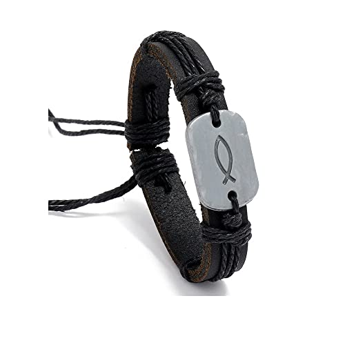 Sign of The Fish Men's Leather Wrap Bracelet Retro Braided Leather handmade Bracelet Adjustable for men - color: Black
