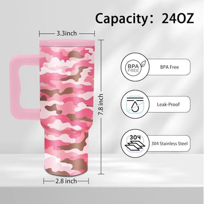 24 oz Pink Leopard Camouflage Tumbler with Handle and Straw, Leopard Gifts - color: Pink Camouflage