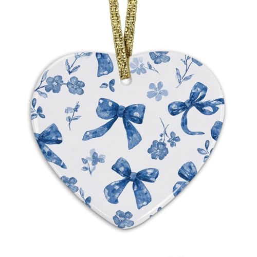 Coquette Blue Bow Floral Christmas Ornament, Preppy Bow Flower Hanging Heart Ornaments for Christmas Tree Holiday Party Decorations, Blue Girly Xmas Decorative Ornaments Keepsake TCP - color: Bow-blue-1