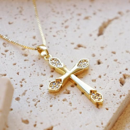 Gold Cross Necklace for Women, 14K Gold Plated - style: Zircon-accented cross