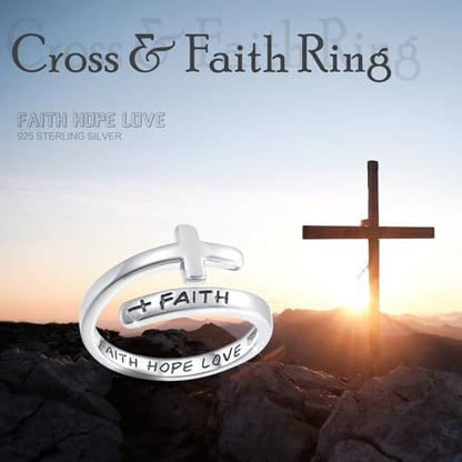 Cross Faith Ring,Sterling Silver Adjustable Open Faith Cross Religious Ring Christian with "Faith Hope Love" Inspiring Incentive Jewerly Gifts for Women