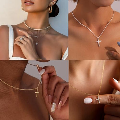 Poxtex Cross Necklace for Women Teen Girls, Dainty 14K Gold Silver Plated Cross Choker Jewelry Non Tarnish Waterproof Cute Simple Small Necklace Christian Baptism Religious Faith Jewelry Gifts - color: 03 Small Cross CZ - Gold