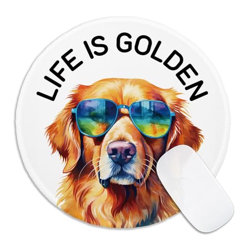Funny Golden Retriever Round Mouse Pad, Life is Golden Mousepad for Laptop Gaming, Small Mouse Mat with Non-Slip Rubber Base Stitched Edge for Desk Accessories, Office Gifts for Dog Lovers - color: Golden Retriever 2