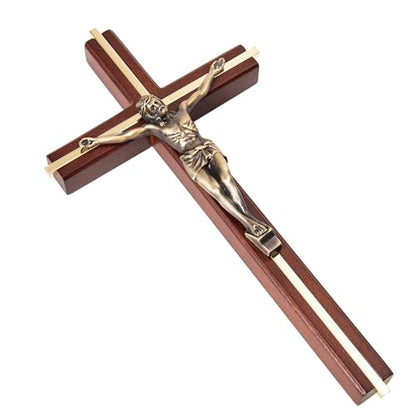 ACHIBANG Crucifix Wall Cross, 10 Inch Wooden Catholic Jesus Home Decor - color: Brown + Antique Brass
