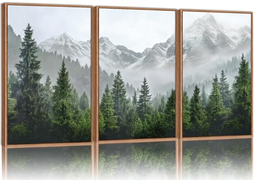 KaiWithYuan Misty Snow Mountain Framed Canvas Wall Art, Snowy Pine Tree Woodland Wall Decor, Calming Nature Forest Art Paintings, Minimalist Landscape Artwork for Bedroom Living Room Office 16"x24"x3 - color: Misty Snow Mountain