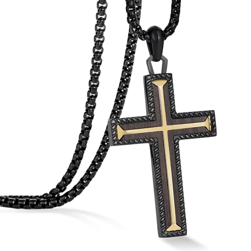 Wooden Cross Necklace for Men With Stainless steel And Black Ebony Adjustable Box Chain 24–26 inches Suitable for Everyday Wear And Christian Gifts for Men - color: Black-A