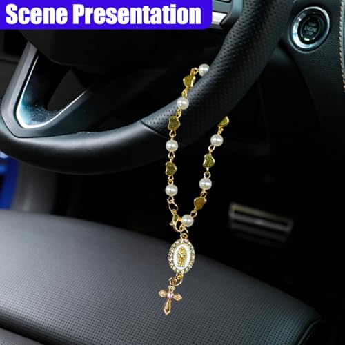 Heart & Rosary Car Steering Wheel Rosary Charm, Alloy Cross Religious Rear View Mirror Charm, Personalized Car Mirror Hanging Accessories for Most Cars (Heart) - size: Heart