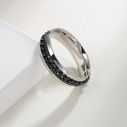 Mens Fidget Rings Anxiety Ring for Men 6mm 8mm Chain Spinner Ring Size 5-14 - color: Titanium Silver Black