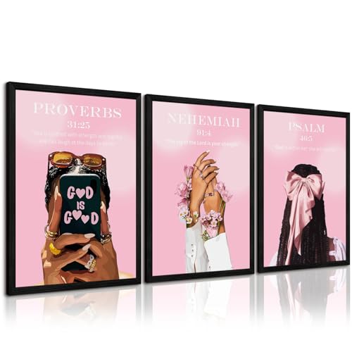Black Girl Wall Art Pink Christian Canvas Poster Bible Verse Wall Decor African American Woman Pictures Fashion Black Women Prints Trendy Faith Scripture Painting for Bedroom 12x16 Inch Wood Framed - color: Pink Wall Art, size: 12''x16'' Framed