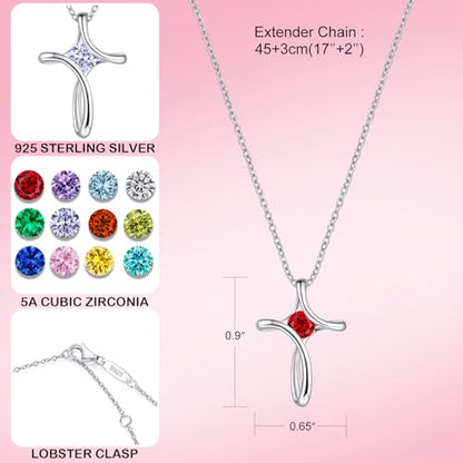 Cross Necklace for Women 925 Sterling Silver Birthstone Necklace for Women - color: 01-Jan-Garnet