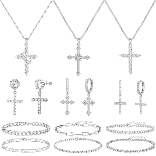 NEWITIN 37 Pieces Silver Jewelry Set for Men Stainless Steel Cross Jewelry - color: Shiny Silver