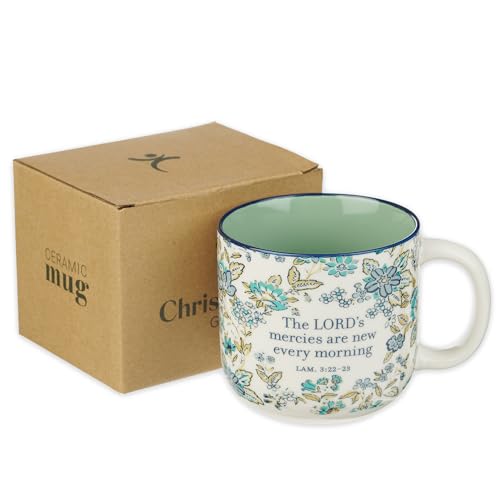 Christian Art Gifts Large Microwave & Dishwasher Safe Ceramic Coffee Mug - color: Mercies are New/Blue Floral, size: 14 Ounces