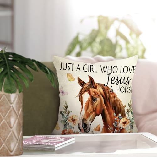Just a Girl Who Loves Jesus and Horses Throw Pillow Cover 18 x 18