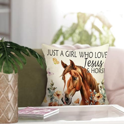 Just a Girl Who Loves Jesus and Horses Throw Pillow Cover 18 x 18