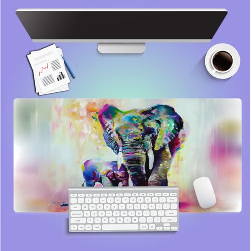Abstract Rainbow Elephant Painting Large Mouse Pad, Boho Wildlife Desk Mat - color: Elephants