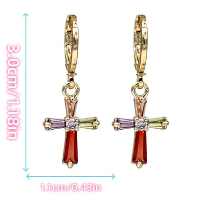 18K Gold Plated, Dangle Earrings for Women, Flower/Heart Drop earrings, Hypoallergenic Cubic Zirconia Earrings, Lightweight, Party, gold earrings, Jewelry for Gifts, Fashion - style: Drop-Cross-Mix