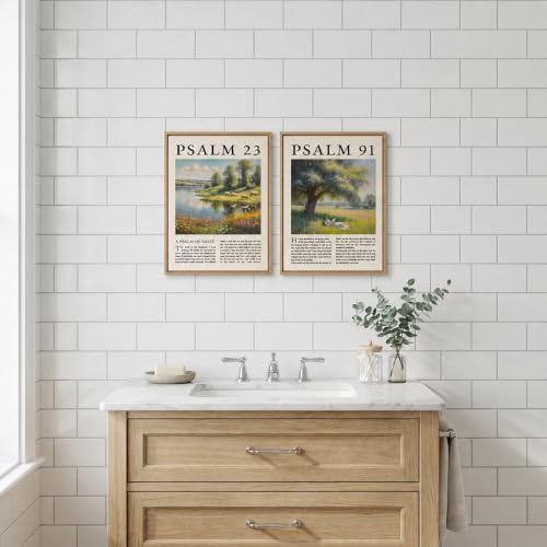 Religion Canvas Wall Art 2Pcs Framed Psalm Bible Verse Landscape 16x12 Inch