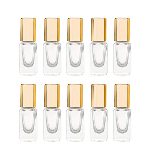 3ml Square Glass Roller Bottle For Essential Oils,Mini Glass Bottles With Stainless Steel Roller Balls,Gold Aluminum Caps Portable Roll-On Vial Aromatherapy Perfume Container-10 Pack
